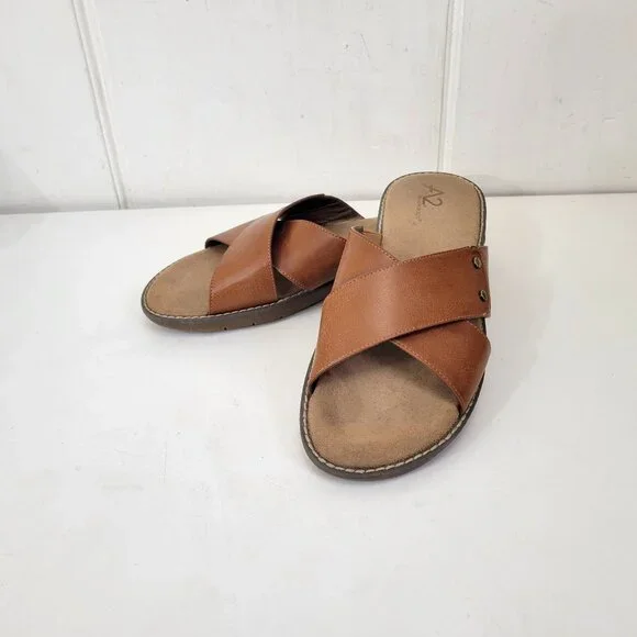 A2 By Aerosoles Women's Brown Slide Sandals With Faux Leather Cross Straps & Cus - Picture 5 of 6